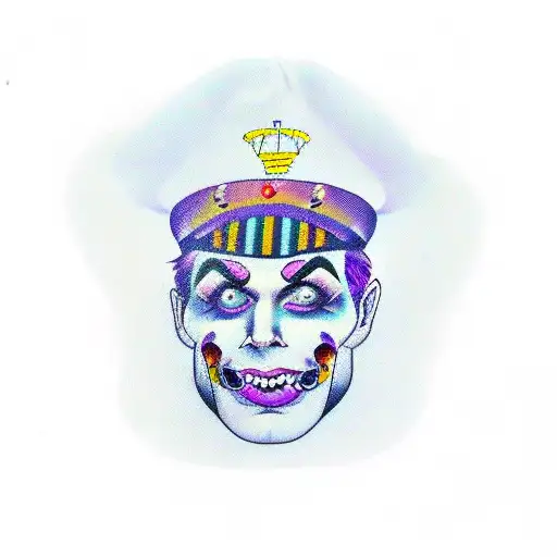 A harlequins face in purple and white with a hat tattoo design idea