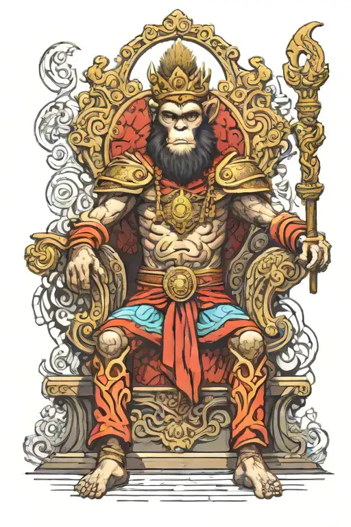 monkey king sitting on a throne tattoo design idea
