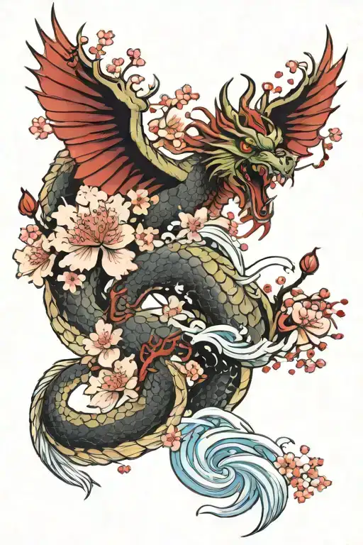 Japanese dragon and cranes with cherry blossoms and water  tattoo design idea