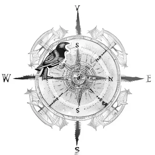 A Viking Wayfinder compass surrounded by ravens perched on branches of a mystical tree tattoo design idea