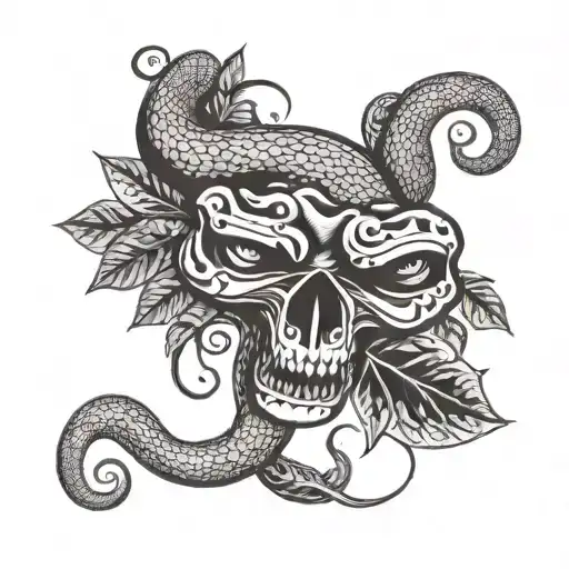 a tattoo design of cut head of a snake with six eyes and some leafs and skate elements tattoo design idea