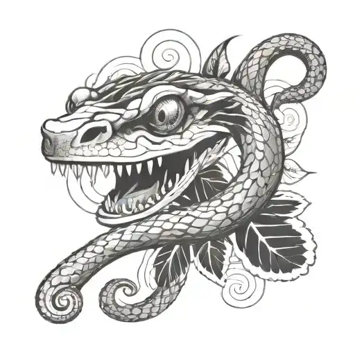 a tattoo design of cut head of a snake with six eyes and some leafs and skate elements tattoo design idea