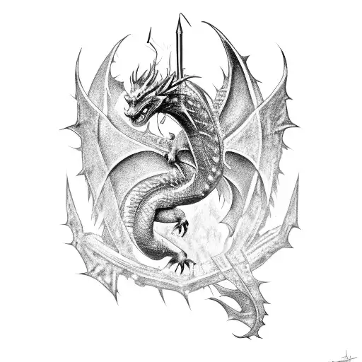 A mythical dragon in an intense battle scene with a knight, representing the client's love for gaming and law. tattoo design idea