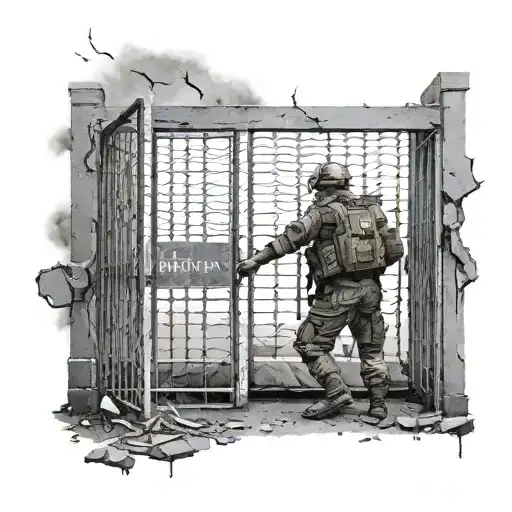 a military man leaves the crumbling prison, everywhere the cage, his exit is accompanied by lightning tattoo design idea