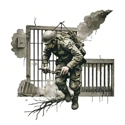 a wounded soldier leaves the crumbling prison through the cage, his exit is accompanied by lightning tattoo design idea