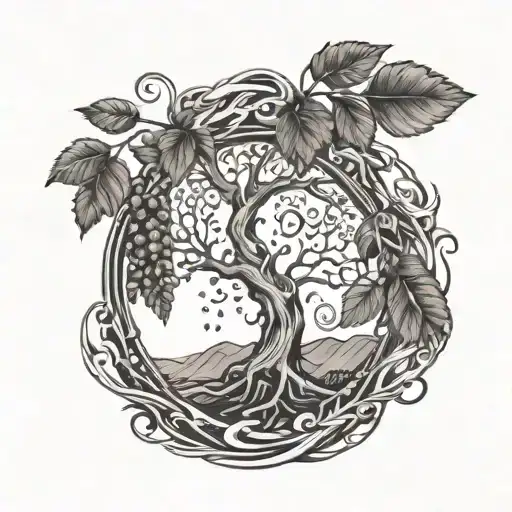 A tattoo design incorporating symbols of conservation and nature, such as a tree made out of barley and hops with water flowing around it tattoo design idea