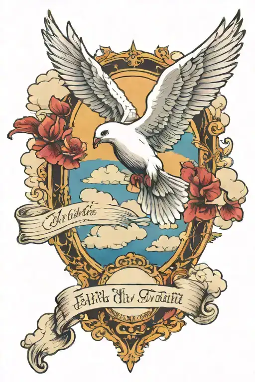 Catholic scripture with clouds and dove flying tattoo design idea