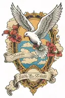 Catholic scripture with clouds and dove flying tattoo design idea