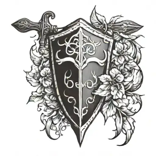 shield laurel wrapping and sword tattoo design idea