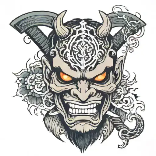 oni  mask with katana with words Sarah, Jake, Lucia tattoo design idea