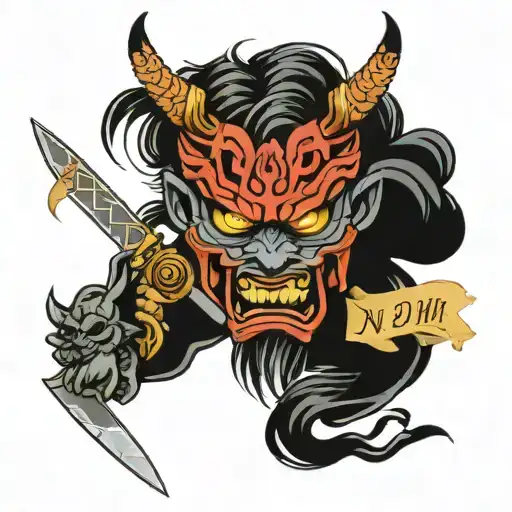 oni  mask with sword with words Sarah, Jake, Lucia surrounded tattoo design idea