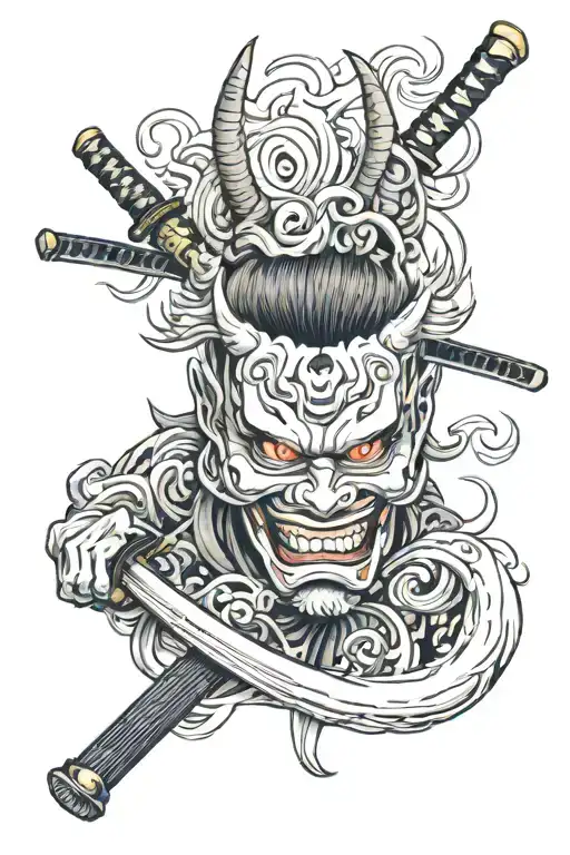 oni  mask with katana with words Sarah, Jake, Lucia tattoo design idea