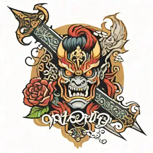 oni with sword with words Sarah, Jake, Lucia surrounded tattoo design idea