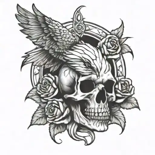 skull eagle ligtning roses intertwined tattoo design idea