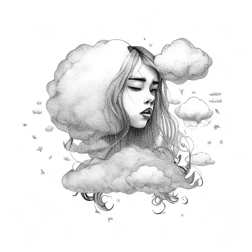 girl with her head in the clouds, fluffy and floral  tattoo design idea