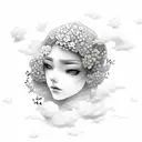 girl with her head in the clouds, fluffy and floral  tattoo design idea