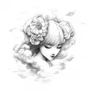 girl with her head in the clouds, fluffy and floral  tattoo design idea