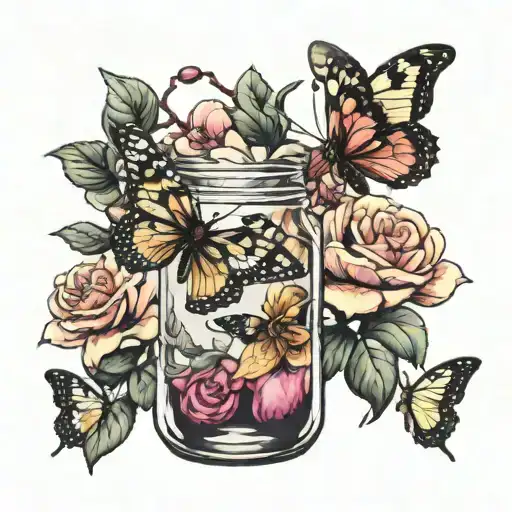 Butterfly caught in jam jar with camellias tattoo design idea