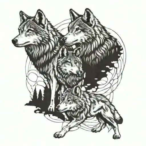 grey wolf standing together tattoo design idea