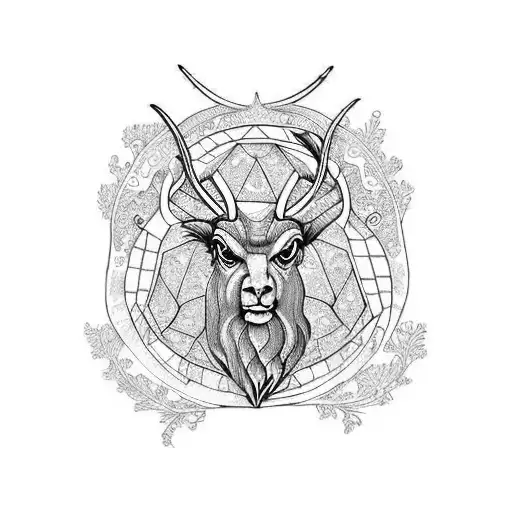 Four ibexes heads and long horned from profiles surrounding a tree of life, ina circle, coin style  tattoo design idea