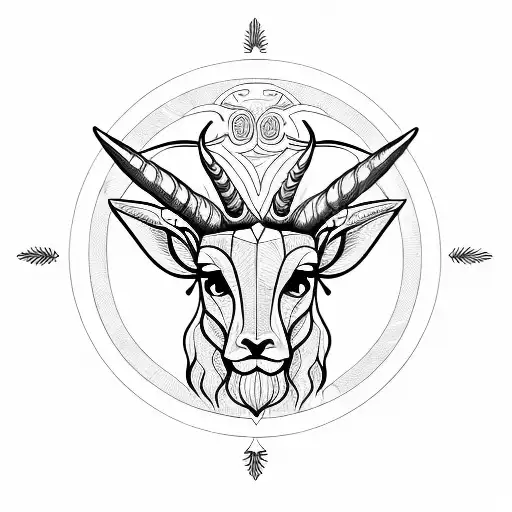 Four ibexes heads and long horned from profiles surrounding a tree of life, ina circle, coin style  tattoo design idea