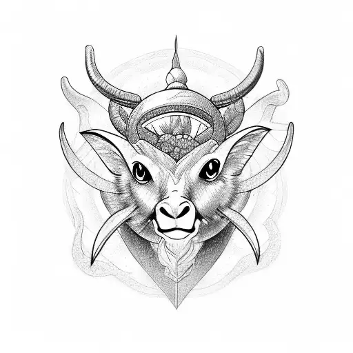 Four ibexes heads and hornets from profiles surrounding a tree of life, ina circle, coin style  tattoo design idea