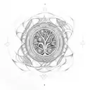Four ibexes profiles surrounding a tree of life, ina circle, coin style  tattoo design idea