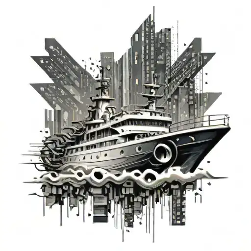 A sleek and modern boat sailing across a sea of binary code, with gaming icons scattered in the background tattoo design idea