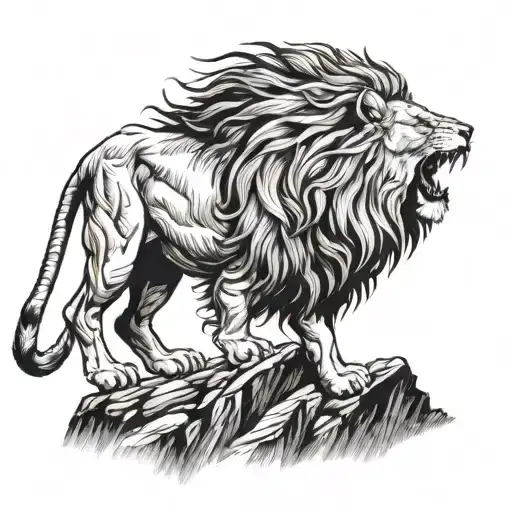 A majestic lion roaring triumphantly on top of a mountain, symbolizing strength and leadership tattoo design idea