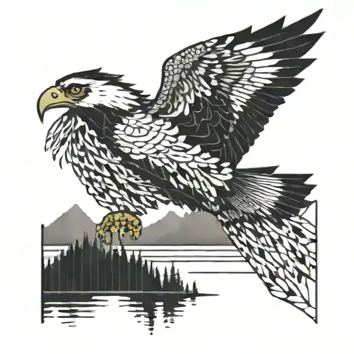 A blackwork design of a pixelated eagle soaring over a lake filled with fish, symbolizing the harmony between nature and technology tattoo design idea