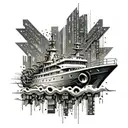 A sleek and modern boat sailing across a sea of binary code, with gaming icons scattered in the background tattoo design idea