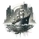 A sleek and modern boat sailing across a sea of binary code, with gaming icons scattered in the background tattoo design idea