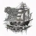 A sleek and modern boat sailing across a sea of binary code, with gaming icons scattered in the background tattoo design idea