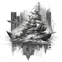 A sleek and modern boat sailing across a sea of binary code, with gaming icons scattered in the background tattoo design idea