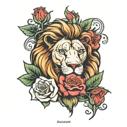 lion head ontop 3 roses  tattoo design idea