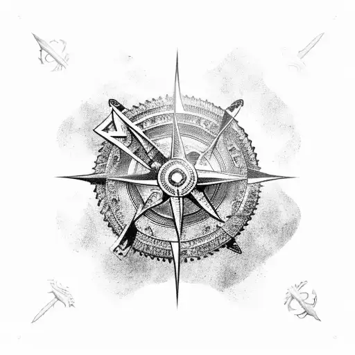 Viking drakkar white a norse compass on the sail, going through a seastorm with odin crows flying above tattoo design idea