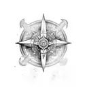 Viking drakkar white a norse compass on the sail, going through a seastorm with odin crows flying above tattoo design idea