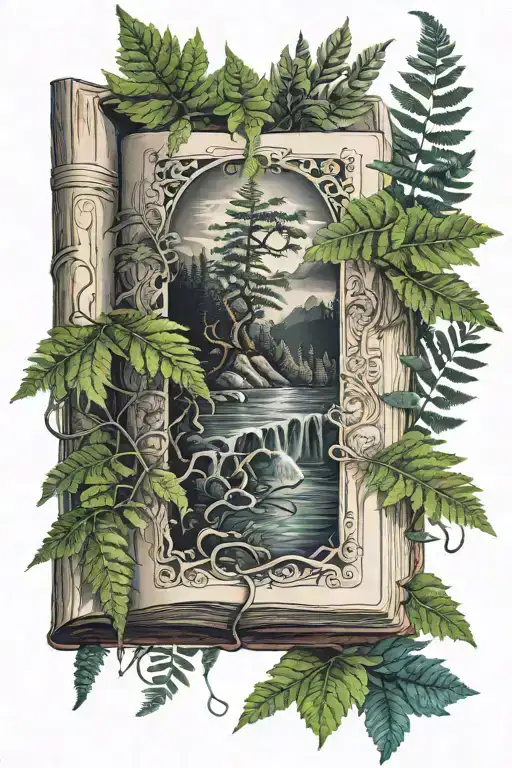 book with fern leaves intertwined, three mountains and dark fantasy  tattoo design idea