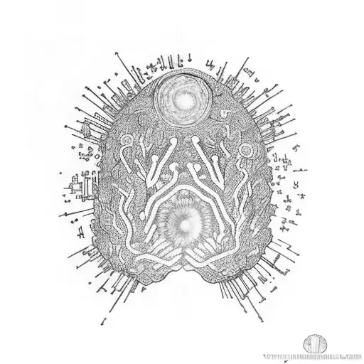 The starry night by Vincent Van Gogh in the shape of a human brain inside a floating sculptural test tube, Miguel Ángel  tattoo design idea