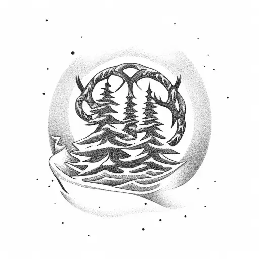 Caribou with evergreen tree around it with a banner on the bottom saying "Newfoundland" tattoo design idea