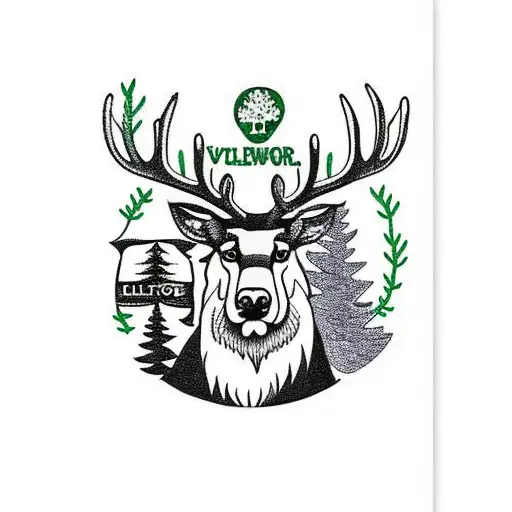 Caribou with evergreen trees around it + a banner on the bottom saying "Newfoundland" tattoo design idea
