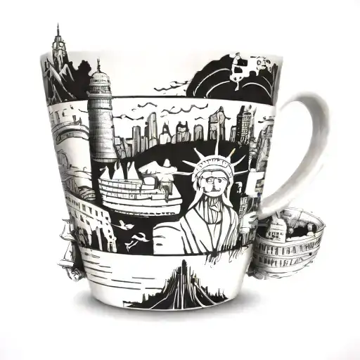 A coffee cup with a film strip wrapped around it, featuring iconic landmarks from Hong Kong and Sydney tattoo design idea