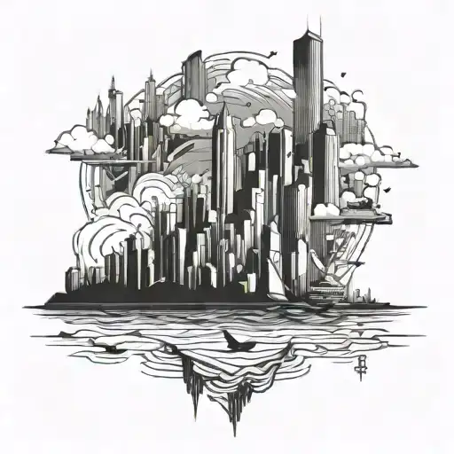 A tattoo showcasing a blend of Hong Kong and Sydney landscapes, infused with elements of animation and drawing tattoo design idea