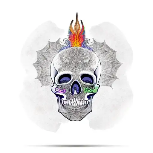 Mexican skull, where in the upper part you can see a realistic piece of brain from which a dragon emerges tattoo design idea