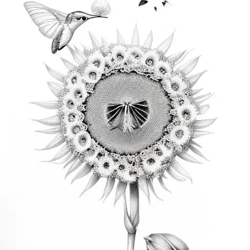 multiple various flowers with butterflies and a hummingbird eating from a dandelion  tattoo design idea