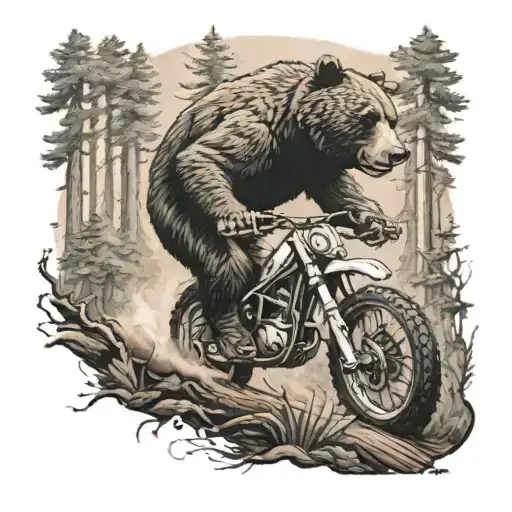 A traditional style tattoo of a bear riding a dirtbike through a forest tattoo design idea