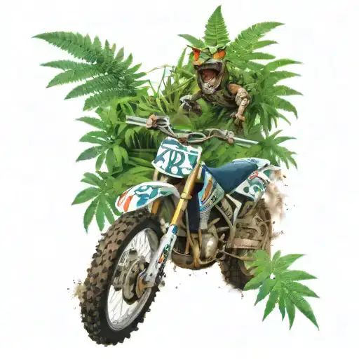 A realistic dirtbike roaring through a jungle with a marijuana leaf pattern on the tires tattoo design idea