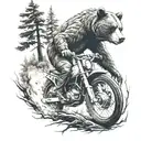 A traditional style tattoo of a bear riding a dirtbike through a forest tattoo design idea