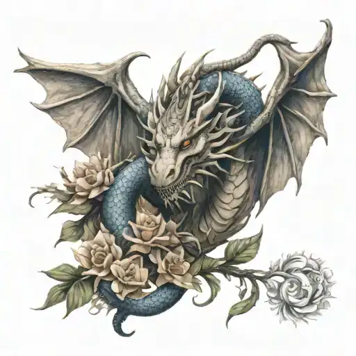 angelic looking dragon with flowers growing and aura tattoo design idea