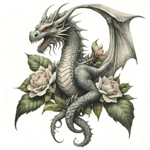 angelic looking dragon with flowers growing tattoo design idea